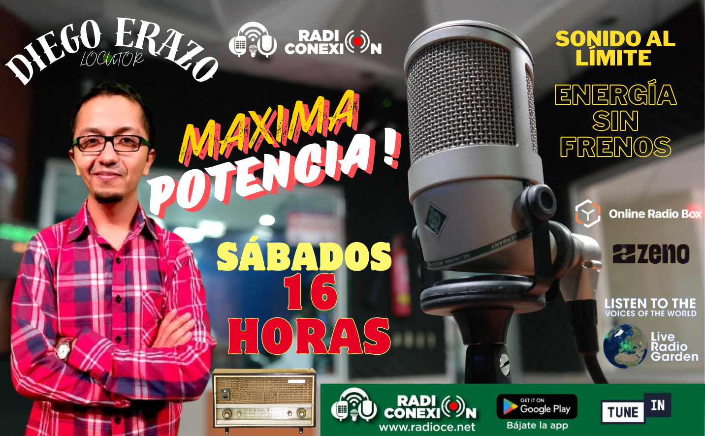 Conéctate con nosotros en este viaje por el rock y el pop de los 60, 70, 80, 90 y lo mejor de este milenio. Un viaje que solo puede hacerse a la ¡Máxima Potencia! todos los sábados a las 16 horas, aquí en Conexión Radio Ecuador,